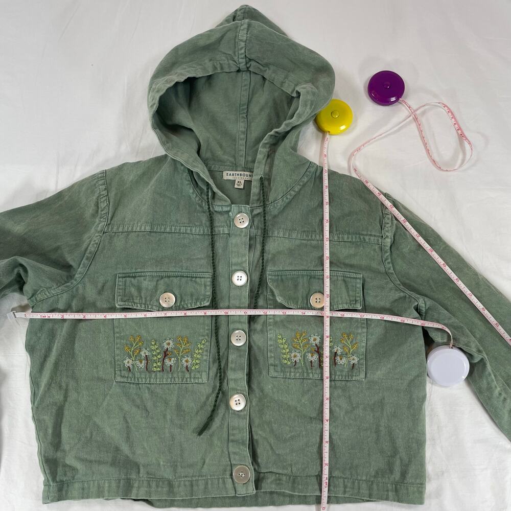 Earthbound Trading Co Floral Embroidered Hooded Crop Jacket Green XL Women's - Picture 6 of 8